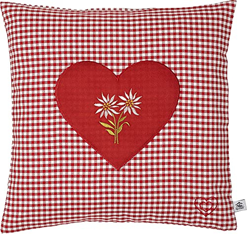 myZirbe Zirbenkissen Bestickt mit Herz und Edelweiss rot karriert Größe 40x40 cm befüllt mit Zirbenflocken aus Zirbenholz