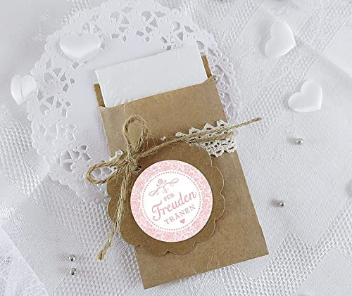 Freuden Tränen Taschentücher Set zur Hochzeit Groß 48 Sticker + 48 braune Flachbeutel - Kraftpapier - 63 x 93 mm für Freudentränen Taschentuch Verpackungen Aufkleber in ROSA mit Ornamente