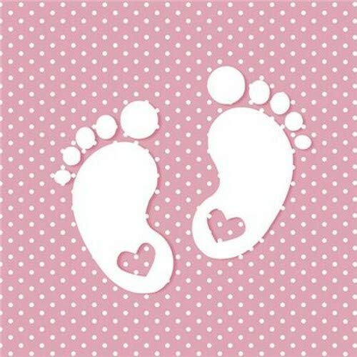 20 Servietten Kleine Fußabdrücke auf rosa mit weißen Punkten zur Babyparty, Taufe oder Kindergeburtstag für Mädchen 33x33cm