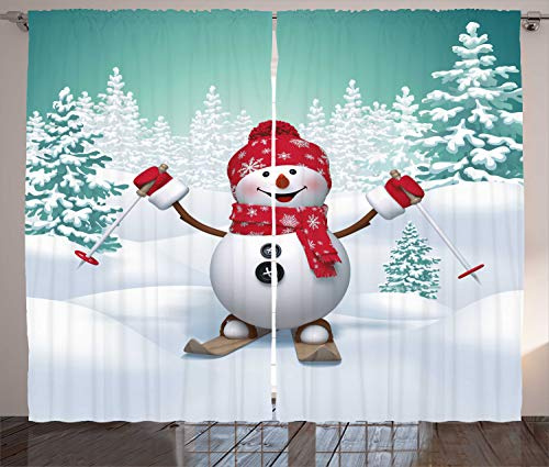 ABAKUHAUS Weihnachten Rustikaler Gardine, Skifahren Schneemann Bäume, Schlafzimmer Kräuselband Vorhang mit Schlaufen und Haken, 280 x 245 cm, Teal Rot Weiß