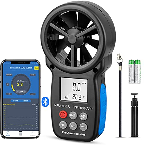 INFURIDER Digital Wireless Anemometer with APP via Bluetooth,YF-866APP Handheld Wind Speed Meter Wind Speed Gauge for Measuring Wind Speed/Temperature with Backlit and Max/Min/Avg