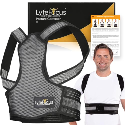 LyfeFocus S1 Atmungsaktiver Premium-Rückenstützer - Obere Rückenstütze, Rückenbandage und Rückenbegradiger - effektive Haltungskorrektur bei Nacken-, Schulter- und Rückenschmerzen (Schwarz, Klein)