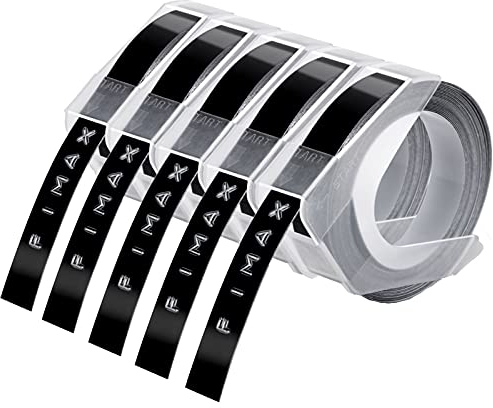 Fimax 5x Prägegerät Etiketten kompatible mit Dymo Prägeband 9mm Schwarz, für Dymo Omega Junior Prägegerät ,kompatible mit Selbstklebendes 3D Omega Etikettenband, Kunststoff-Prägeetiketten