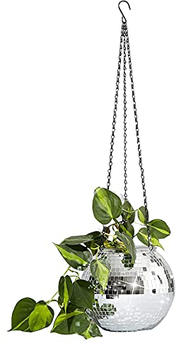 WLICWEI Mirror Disco Ball Planter,Glitter Chrome Flower Pots,Boho Style Hanging Planter,Indoor Outdoor Decorative Plant Pots Succulent Pots Shining Gifts-Silver 25x25cm(10x10inch)