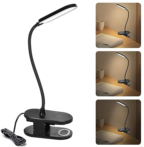 Aigostar Lampada da Lettura a Clip con Braccio Flessibile Regolabile a 360°, Luce da Letto a Clip con 3 Modalità Luminosità, Lampada da Scrivania a LED 4000K Luce Naturale che Protegge Occhi,Nero