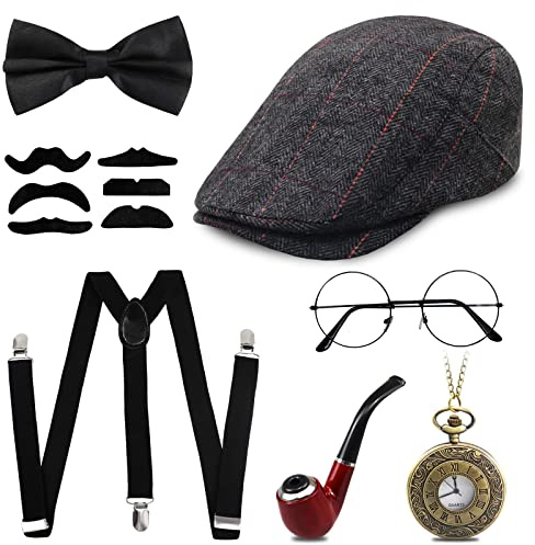 Grantop 1920s Jahre Herren Accessoires, Herren Accessoires Mafia Gatsby Kostüm Set, 20er Gangster Kostüm, Panama Hut Elastisch Hosenträger Schnurrbart und Taschenuhr Zigarre