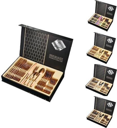 Besteck Set Edelstahl für 6 Personen 24-teiliges Besteckset hochglanzpoliert Spülmaschinenfest Gift Box (Roségold)