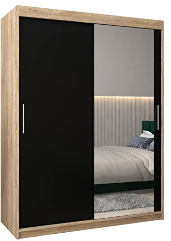 ABIKSMEBLE Tokyo 2 150 Armadio da Camera a Due Ante Scorrevoli - Armadio Moderno con Specchio, Barra e Ripiani - 150x200x62 cm (L x A x P) - Sonoma + Nero Opaco