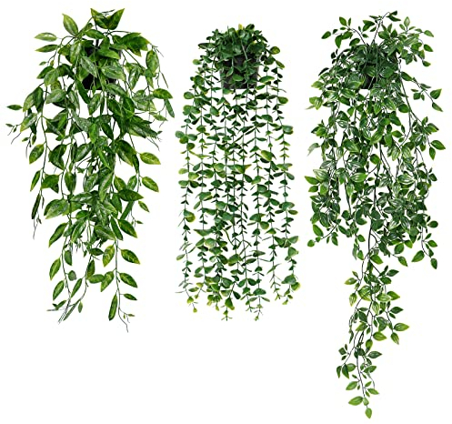 UXORSN Artificial Hanging Plant 3 Pack Fake Plants with Pots Artificial Plants Indoor Eucalyptus Leaves Potted Greenery Ivy Faux Trailing Plant for Indoors Outdoor Room Office Desk Shelf Wall Decor
