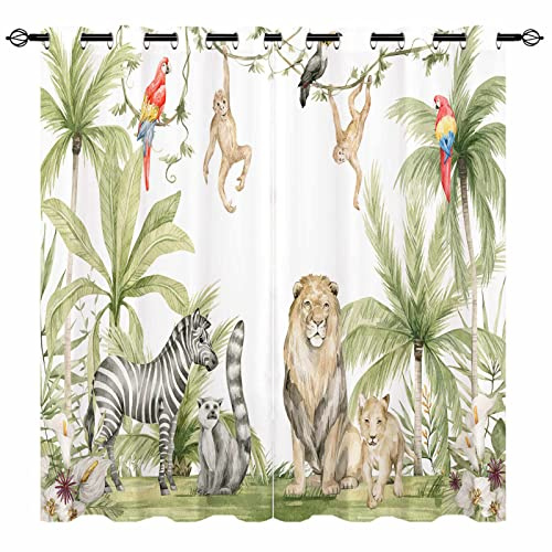 YUANZU African Animal Curtains - Safari Jungle Tropical Lion Zebra Monkeys Parrots Palm Trees Flowers Print Pattern Eyelet Blackout Window Drapes for Kids Nursery Bedroom 2 Panels W117cm x D137cm