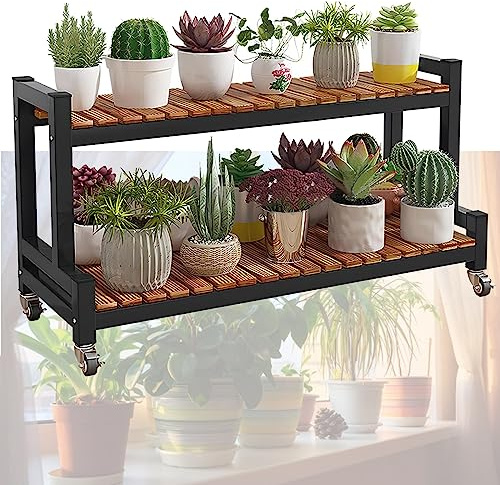 LIGUOYI Metall Blumenregal 2 Stufen 3 Stufen Pflanzenleiter, Schwarz Weiß Plant Stand Länge 80 100 120cm Rack Lagerregal Mit Bremsbaren Rollen Display Rack Für Indoor Outdoor Garten Balkon