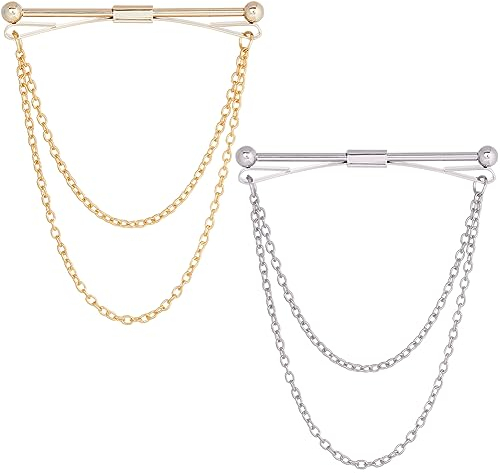 GORGECRAFT 2 Farben Herren Hemdkragennadeln Krawatte Krawatte Krawattennadel Clips Mit Kette Anstecknadel Kragensteg Quaste Brosche Gold Silber Ton Für Männer Klassischer Kragenclip Herren Business