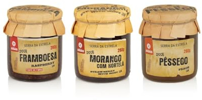 Pack de 3 Frascos de 280g - Contiene Mermelada de Frambuesa, de Fresa y de Melocotón - Ideal para Postres y Desayunos - Sin Colorantes ni Conservantes - Producto Gourmet de Origen Portugués