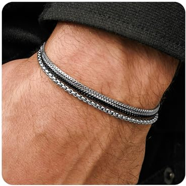 Galis Bracelet Set for Men - Stainless Steel, Non Tarnish Silver Plated Box Chain Layered Bracelets, Stylish Men's Jewelry, Gifts for Him, Silver 8