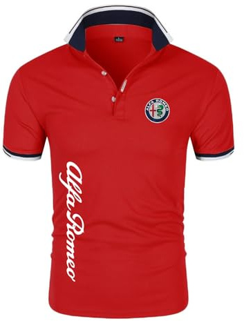 Herren Golf Poloshirt T-Shirt Für Al-FA Ro.meo Print Jersey T-Shirts Rugby Kurzarm Casual Poloshirts Tennis T-Shirts – Geschenk Für Teenager-Red||3XL
