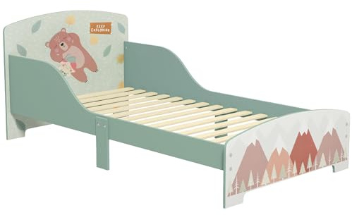 ZONEKIZ Barnsäng barnsäng 3–6 år med säkerhetsgrindar och mönster dim 77 x 143 x 60 cm ribbotten ingår – grön