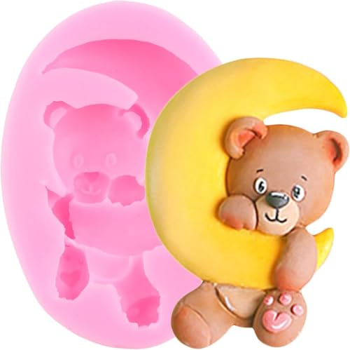 XMOLDNMS Stampo in silicone a forma di orsetto lunare, stampo per fondente, orso, cioccolato, caramelle, decorazione per torte di compleanno per bambini, topper per cupcake in argilla polimerica
