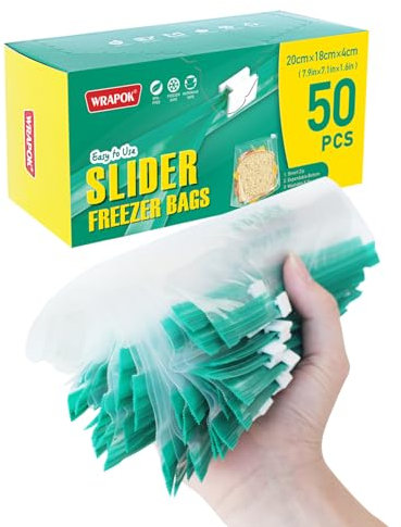WRAPOK Sacchetti per congelatore con chiusura a zip, grandi, in plastica, riutilizzabili, per cucina, 20 x 18 cm, 50 pezzi