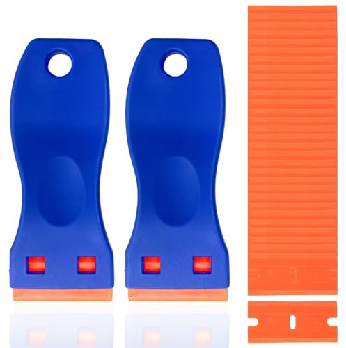 2 Pezzi Raschietti in Plastica con 30 Lame in Raschietto Plastica, Raschietto Vetroceramica Rimozione della Colla in Vinile per Finestre e Raschietti in Vetroceramica Auto (Blu)