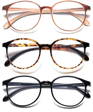 EYEGLSMST 3 PCS Stilvolle Runde Lesebrille für Damen/Herren, Ultraleichte Anti-Blaulicht-Lesebrille, Retro-Blendschutz/UV-Lesegerät mit Federscharnier