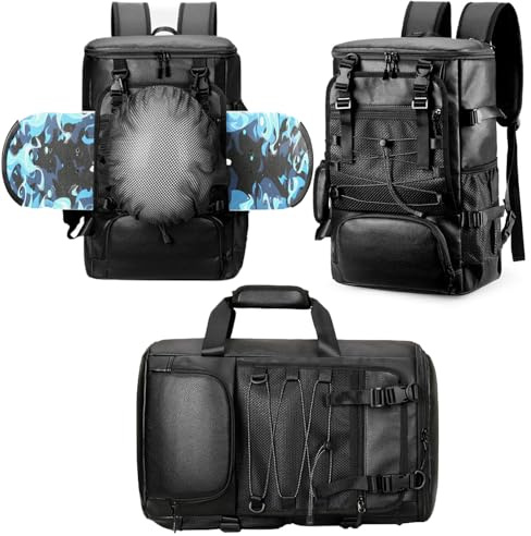 Multifunctional PU Leather Sport Backpack for Basketball Skateboard Snowboard,40L Business Travel Laptop Backpack for Men (Black)
