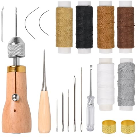 OWLMATE 19 Stück Ahle Werkzeug, Ledernadel, Nadel und Faden set, Leder Nähen Messingring,Spule,Greifer,Leder Werkzeuge Set für DIY Handwerk