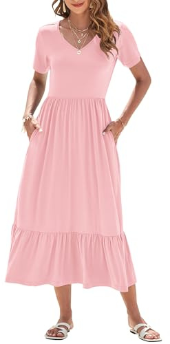 AUSELILY Robe d'été pour Femme Robe Longue à Manches Courtes Robe Longue pour Femme col en V Taille Empire, Robes de Plage avec Poches
