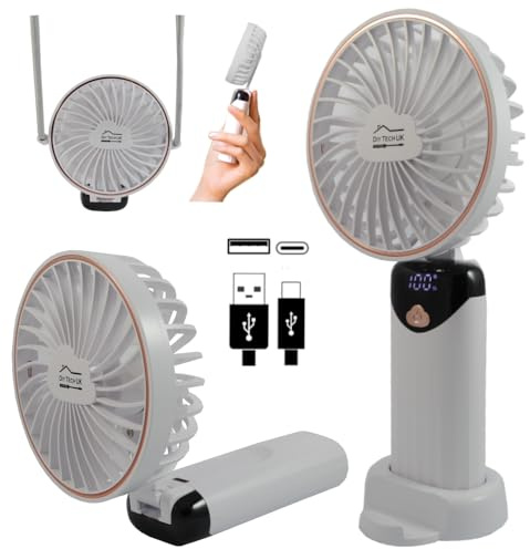 DIY TECH UK - CoolBlast Max - 4 in 1 Handheld Rechargeable Fan - 5 Speed | With LED Display - Hand Held Folding Portable Fan - USB Battery Powered Mini Foldable Desktop Desk Home Office Bedroom White