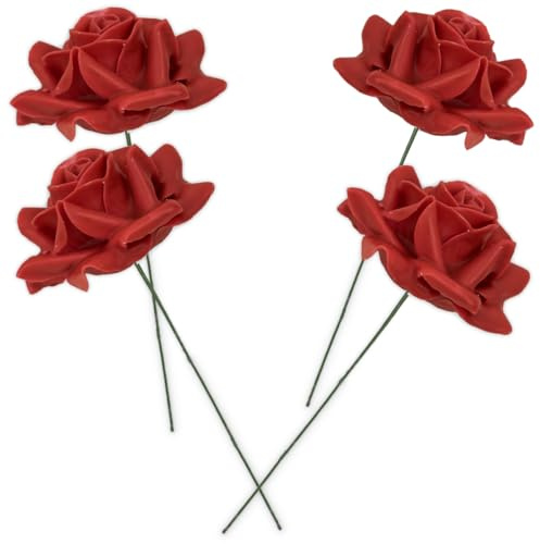 Wachs-Rosen 4er Set rot - dauerhaft haltbare Textil-Rosen mit Wachs-Blüten