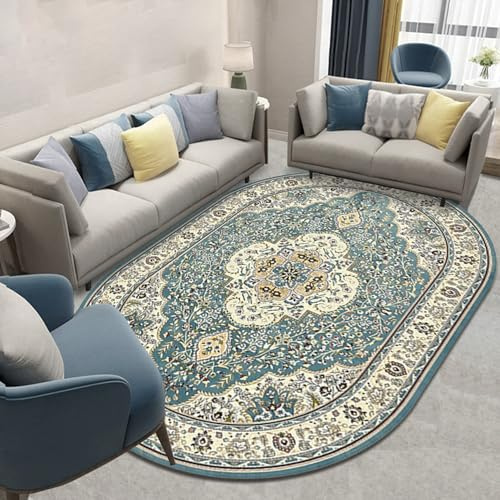 VARIKASHOM Waschbarer Oval Teppich für Dekoration Wohnzimmer, Schlafzimmer, Carpet Room Decor, Vintage Orientalisches Beige Creme Grün Blumenmuster, blaugrün, 140 x 200 cm