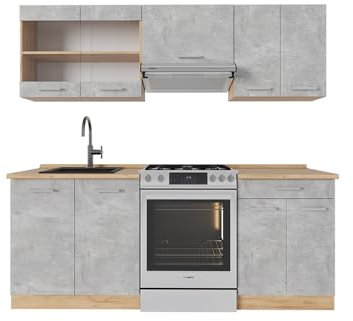 Vicco Küchenzeile R-Line, Küchenblock, Beton/Goldkraft Eiche, 200 cm, AP Eiche