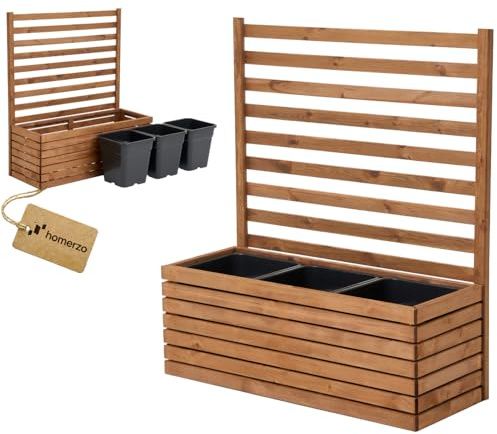Maceta con enrejado y jardinera, de madera, para jardín, balcón, terraza, banca de plantas elevada con inserto de plástico de 18 l (marrón horizontal, 98 x 36 x 35 cm, H115)