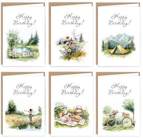12er Geburtstagskarten Set mit Umschlägen in Kraftpapier Optik Glückwunschkarten Geburtstagskarten Klappkarten mit Umschlag Aquarell Frühling Land Dorf Outdoor Happy Birthday Erwachsene Mann Frau