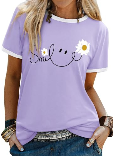 Yihelian Tshirts Women Crew Neck Top Ladies Daisy Print Short Sleeve Tee Shirt Summer Smile Letter Printed Shirts Purple