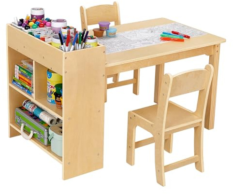 OOOK Kindertisch mit 2 Stühlen, Basteltisch Kindersitzgruppe mit Stauraum aus Holz, Aktivitätstisch Maltisch für Kinderzimmer, Klassenzimmer, Kindergarten