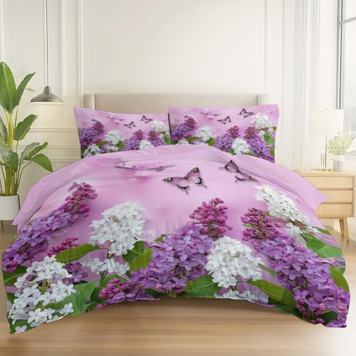 Juego de Funda Nórdica Microfibra Extra Suave,Lila Mariposa 2 Piezas Funda Nórdica para Edredón 135 x 200 cm + Funda de Almohada 50x75cm con Cremallera, Morado Cama 80/90