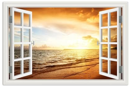 SDYSKKUG Fensterblick Bild auf Leinwand. Meer Strand Sonnenuntergang. Landschaftsbilder Natur Wandbilder für Wohnzimmer Schlafzimmer 60x40cm Ungerahmt