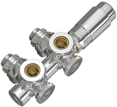 EMKE Valvola Multiblock per Radiatori, Corpo in Ottone Cromato, Interasse 50 mm – Design Combinato Angolare e Dritto, con Termostato (Per tubi da 15 mm + 16 mm, G1/2, 1 pezzo)