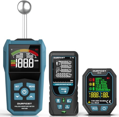 DURFICST Feuchtigkeitsmessgerät&Laser Entfernungsmesser&Steckdosentester | Feuchtigkeitsmesser Erkennt 20-40mm, 70m Entfernungsmesser mit 4 Einheiten, Steckdosenprüfer mit RCD