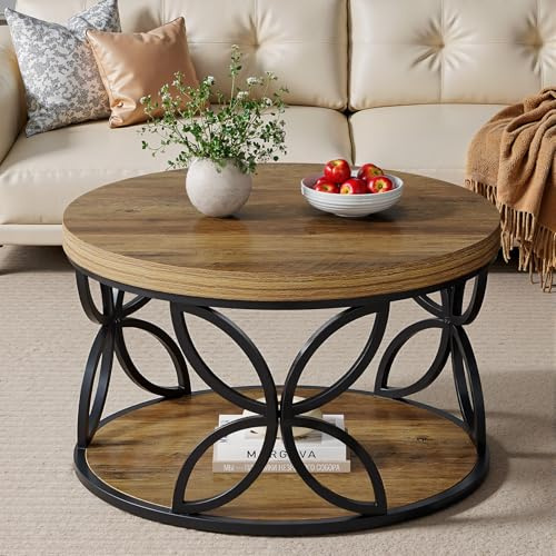 Tribesigns Table Basse Ronde avec Rangement 80 cm, Table Basse Industrielle à 2 Niveaux, Table de Salon Bois et Métal, Table Centrale pour Salon, Séjour, Appartement et Bureau (Marron Rustique)