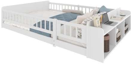 BTBHIHO Kinderbett Bodenbett, Hausbett Kinder Bett mit Offenes Lager und Einlegeböden, Montessori Bodenbett aus Massivholz Kiefer mit zu öffnendes Gehäuse ohne Matratze, weiß (140 x 200 cm)