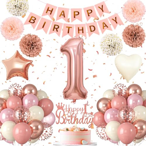1.Geburtstag Dekoration,1 geburtstag Mädchen Rosa Rosegold,Geburtstagsdeko 1 jahre Mädchen,Luftballons 1.geburtstag Happy Birthday Girland Ballon 1 Deko zum Geburtstags, Geburtstagsdeko 1Jahr