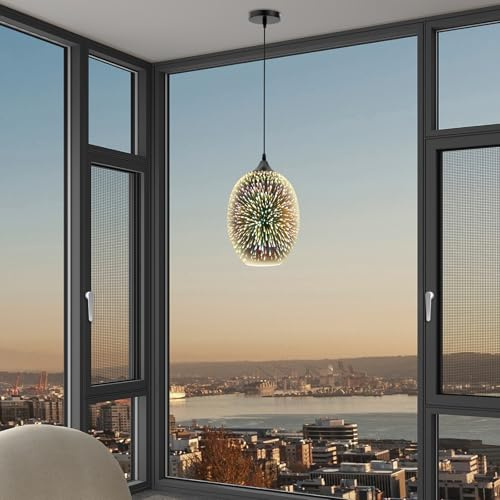 Fridgestea 3D Bunte Glas Feuerwerk Pendelleuchte Modern, Höhenverstellbare LED Hängeleuchte & Kronleuchter aus Echtglas, E27 220V Deckenlampe für Wohnzimmer, Esszimmer, Schlafzimmer, Flur (Ohne Birne)