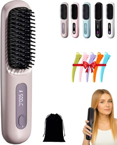 Go Brush Pro, Brosse chauffante pour cheveux courts, Lisseur portable, Peigne sans fil rechargeable, 2 en 1 pour lisser et boucler, 3 réglages de température, Chauffage rapide (Violet)