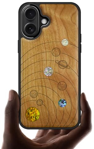 Carveit Magnetic Wooden Case for iPhone 17 Case, Wood Artisan Engraved & Handmade Shell Inlaid, TPU Shockproof Cover, Compatible with MagSafe Wireless Chargers (Solar System-Cherry)