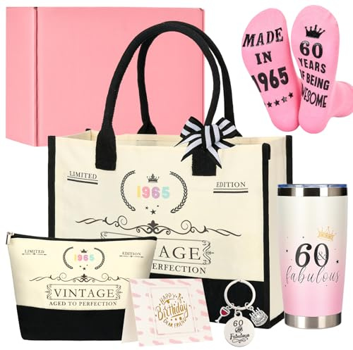1965 Birthday Gifts for Women – Gift Set for Her with Canvas Tote, 20oz Tumbler, Cosmetic Bag, Fuzzy Socks, Greeting Card & Keychain, Premium Gift Box – Ideal for Mum, Sister, Wife, Friend