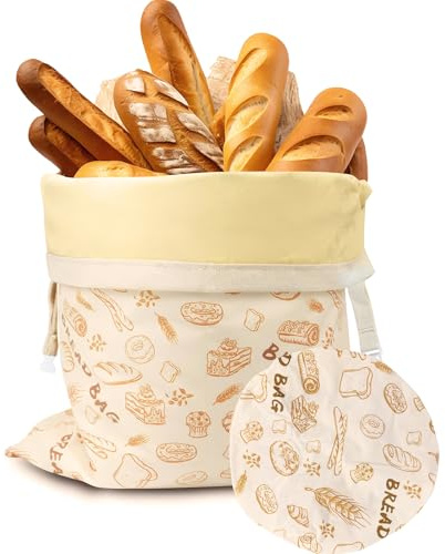 OUZHOU Wiederverwendbare Bienenwachs Brotbeutel, 2er Set Brotbeutel Aufbewahrung Frischhalten, Natürliche Bienenwachs-Beschichtete Baumwoll Brotsack mit Gummiband und Karabiner für Brot Backwaren