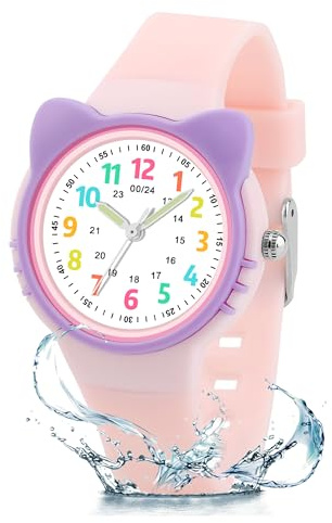 DTKID Orologio Bambino, Orologi Analogici al Quarzo per Bambini, Orologi Educativi per Ragazzi e Ragazze con Ghiera Girevole Cinturino in Silicone 4-15 Anni (Rosa)