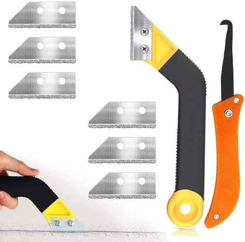 BAAQII 8 Pcs Saw Angled Grout Removal Tool with Blades, Ceramic Tile Cleaning Knives, Multifunction Coner Caulking Tool,Grout Scraping Rake Grouting Accessories