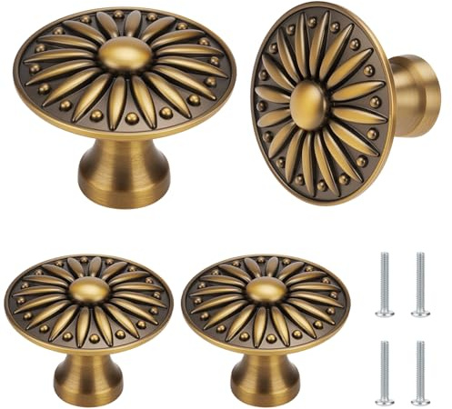 4Stück Vintage Bronzene Geriebenes Schrankknöpfen, Antike Europäische Geschnitzte Möbelknöpfe, Retro-Rundschubladenknöpfe mit Schrauben, Schrankgriffe für Schrank, Schubladen, Kleiderschrank, Kommode